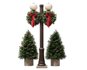 Christmas lamppost decorated with glowing lights, festive wreaths with red bows, and two potted evergreen trees, creating joyful holiday atmosphere