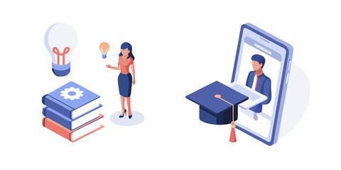 Woman with books and lightbulb representing learning and ideas next to a graduation cap and phone showing online education