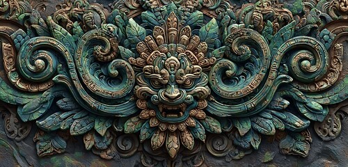 Cyan lit cyber-scroll pattern carved into stone-like tech background texture