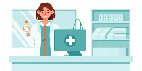 Friendly female pharmacist holding medication bottle in modern pharmacy with shelves of medicine and medical bag