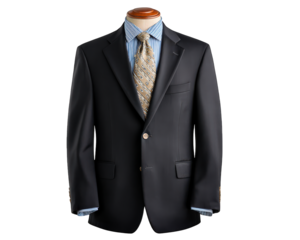 Black business suit on mannequin with blue striped dress shirt and patterned tie, formal wear for office or event, elegant and professional style, confident and sophisticated look