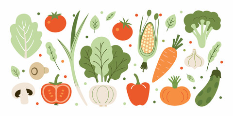 A vibrant collection of fresh healthy vegetables and leafy greens arranged in a colorful pattern