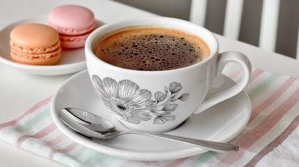 Cup of coffee with a spoon and a plate of pastries. The coffee is hot and the pastries are pink