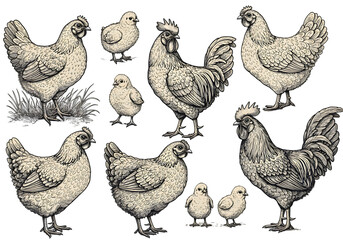 Vintage Monochrome Illustration of Chickens and Rooster on Transparent Background