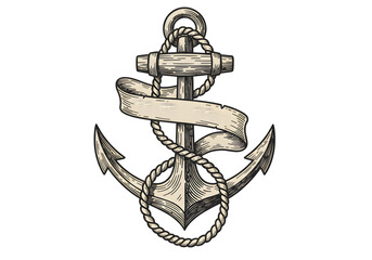 Vintage Nautical Illustration of an Anchor with Rope and Banner Isolated