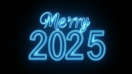 Merry 2025: Glowing Neon New Year's Eve Animation. Bright neon blue 3D script of “Merry Christmas 2025” glowing on a black background - Powered by Adobe