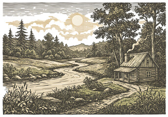 Vintage Night Forest Illustration With Moon Above Cabin In Nature