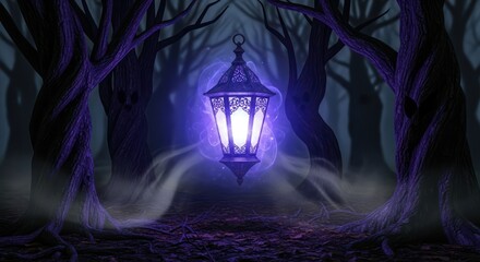 Mystical Glowing Lantern in a Spooky Dark Forest.
