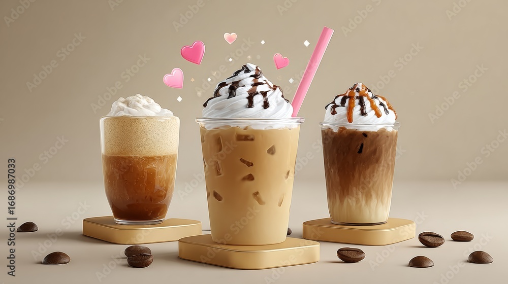 Poster three cups of coffee with whipped cream and chocolate syrup on top. the cups are arranged in a row a