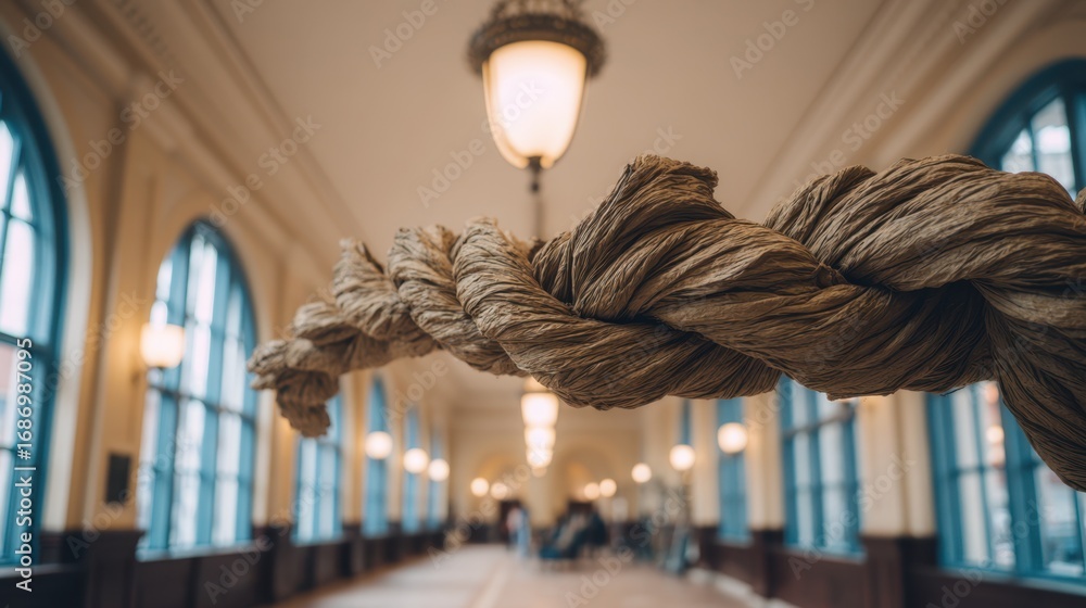 Poster Artistic tobacco installation highlighted in medium shot featuring twisted tobacco stems shaped into a dynamic form with soft focus on surrounding space.