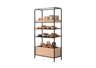 design of a three-layer wall shelf made from solid wood with a black frame, glass shelves, and a light oak color for displaying bakery products like isolated on a transparent background in PNG format.