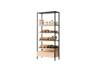 design of a three-layer wall shelf made from solid wood with a black frame, glass shelves, and a light oak color for displaying bakery products like isolated on a transparent background in PNG format.