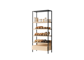 design of a three-layer wall shelf made from solid wood with a black frame, glass shelves, and a light oak color for displaying bakery products like isolated on a transparent background in PNG format.