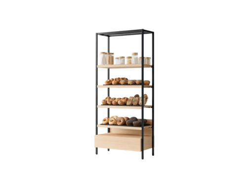 design of a three-layer wall shelf made from solid wood with a black frame, glass shelves, and a light oak color for displaying bakery products like isolated on a transparent background in PNG format.