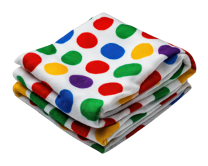 Folded colorful polka dot fabric, soft cotton textile with vibrant red, green, blue, yellow, and purple dots, cheerful and playful design for children or nursery decor