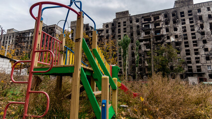 ruined street and destroyed houses the city Kiev war in Ukraine