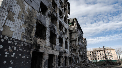 ruined street and destroyed houses the city war in Ukraine