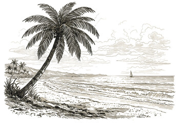 Vintage Palm Tree Silhouette On Coastal Ocean Seascape Illustration