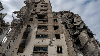 ruined street and destroyed houses the city Kiev war in Ukraine