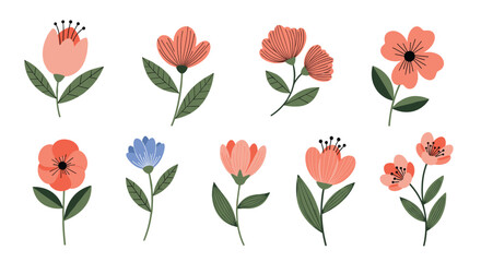 Fototapeta premium A charming collection of hand-drawn floral illustrations featuring delicate petals and lush greenery perfect for springtime designs