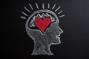 An artistic chalkboard-style illustration of a human head outline with a radiant red heart in the brain, symbolizing love and the power of emotions.