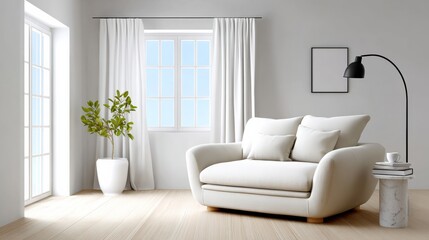 White couch is in a room with a window and a potted plant. The room is clean and bright, giving off a calm and inviting atmosphere