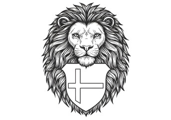 Obraz premium Lion Crest Illustration With Shield Symbol In Monochrome Style