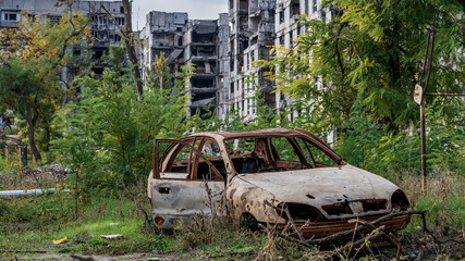 ruined street and destroyed houses the city Kiev war in Ukraine