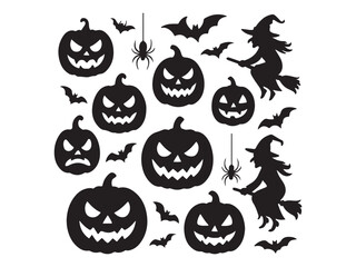 &ldquo;Spooky pumpkin and jack-o&rsquo;-lantern silhouette set with scary faces, bats, spiders, and witches for Halloween vector collection.&rdquo;