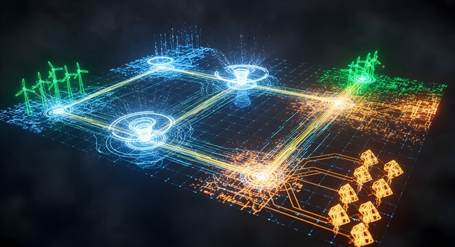 Futuristic Digital Smart Grid Concept: Renewable Energy Integration, Power Storage, and Sustainable Distribution Network Connecting Wind, Solar, an...