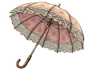 Vintage Pink Floral Lace Umbrella Illustration On Transparent Background