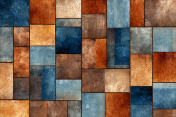 Fototapeta premium Abstract square tile pattern in blue brown and orange tones