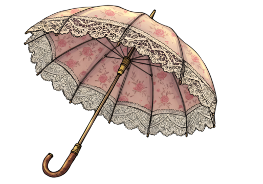 Vintage Pink Floral Lace Umbrella Illustration On Transparent Background