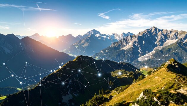 Mountain landscape with digital network overlay - Powered by Adobe