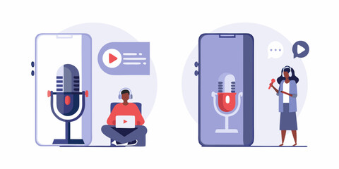 Diverse people creating and consuming audio content on smartphones for podcasts and online broadcasting