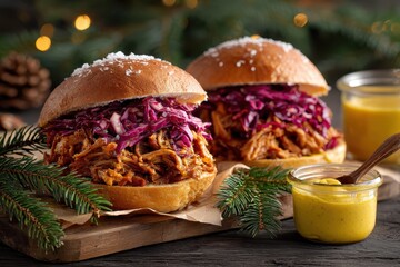 Two pulled pork sandwiches with coleslaw on buns garnished with pine sprigs and jars of mustard