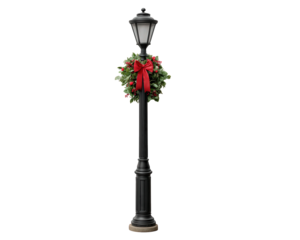 Vintage Christmas lamppost decorated with festive wreath, red bow, green foliage, and berries, creating cheerful holiday atmosphere for seasonal outdoor decor