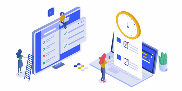 Modern isometric illustration of people completing tasks on digital devices and a clock symbolizing time management