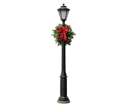 Vintage Christmas lamppost decorated with festive wreath, red bow, green foliage, and berries, creating cheerful holiday atmosphere for seasonal outdoor decor - Powered by Adobe