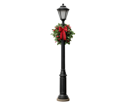 Vintage Christmas lamppost decorated with festive wreath, red bow, green foliage, and berries, creating cheerful holiday atmosphere for seasonal outdoor decor