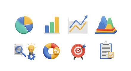 3D infographic icon set with mixed charts, isolated on white background