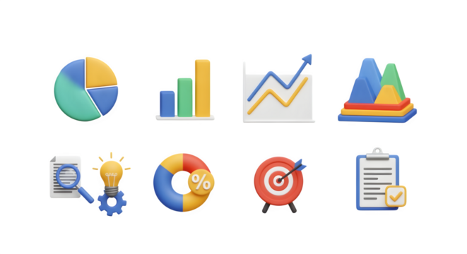 3D infographic icon set with mixed charts, isolated on white background