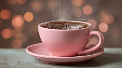 Fototapeta premium Pink coffee cup with steam rising from it sits on a pink saucer. The cup is filled with hot chocolate, and the steam rising from it creates a cozy and inviting atmosphere