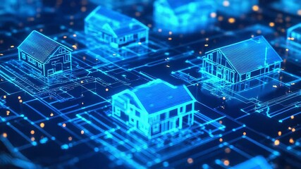 Futuristic smart homes emerging from blueprint circuitry - Powered by Adobe