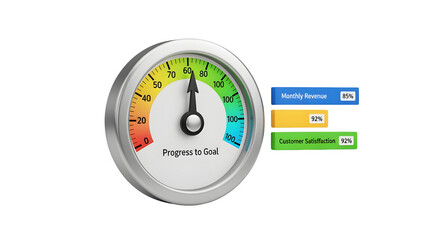 3D KPI chart with circular gauge, isolated on white background