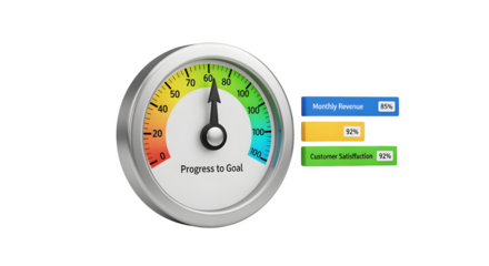 3D KPI chart with circular gauge, isolated on white background