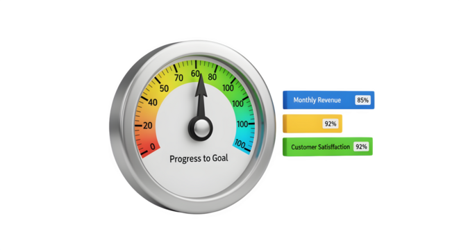 3D KPI chart with circular gauge, isolated on white background