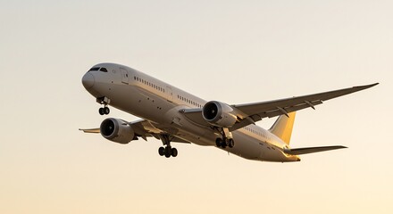 Avion approche doucement lumiere dor�e cr�puscule. AI Generated