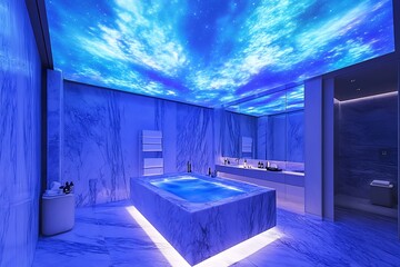 Ceiling in luxury bathroom glows softly with calming blue light.