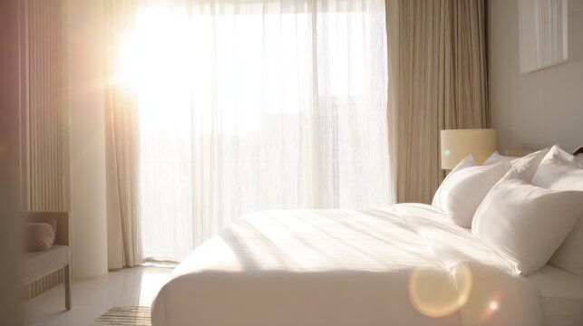 Calm bedroom ambiance in hotel with natural illumination, great for hotel websites, relaxation retreats, or getaway inspiration.